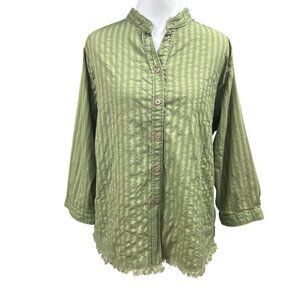 Woolrich Sage Green Embroidered Stripe Raw Hem Button Shirt Sz L Petite